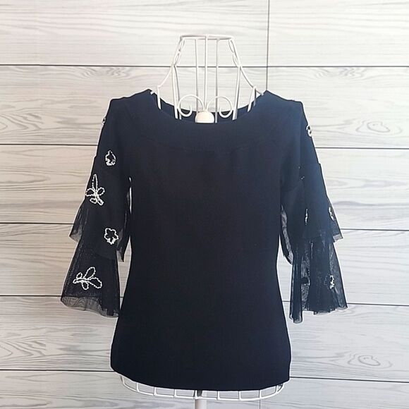 I-N-C pullover sweater black with tulle ruffle sleeves  Size L ( runs small) - Picture 1 of 10